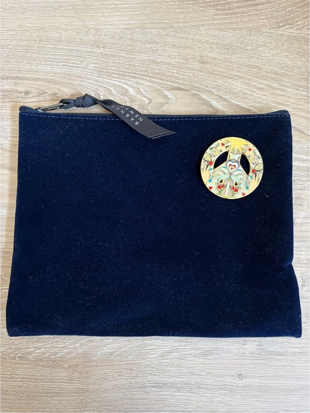 Barneys New York Blue Velvet Metallic Peace Pin Pouch Bag Cosmetic Case
